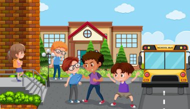 Okul illüstrasyonundaki arkadaşlarına zorbalık eden bir çocuk sahnesi