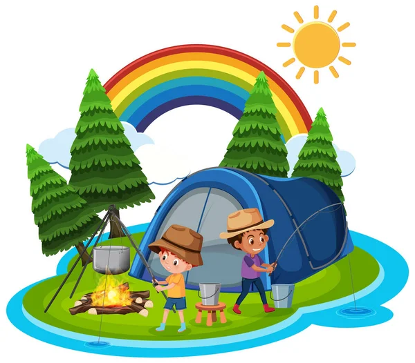 삽화에서 아이들 낚시와 캠핑을 — 스톡 벡터