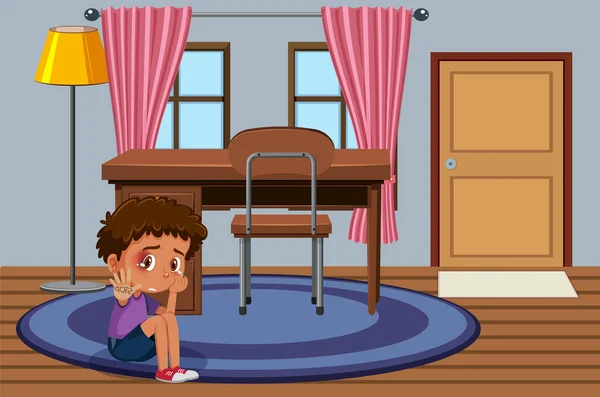 Escena Con Niño Triste Con Moretones Sentado Solo Sala Ilustración — Archivo Imágenes Vectoriales