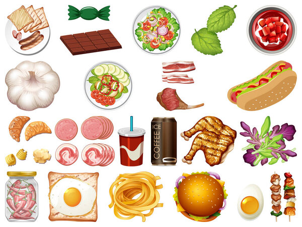 Большой набор продуктов питания и десертов на белом фоне