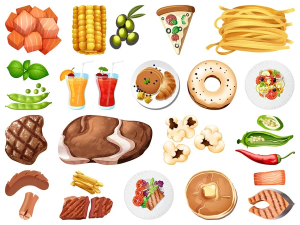 Large set of food and desserts on white background illustration