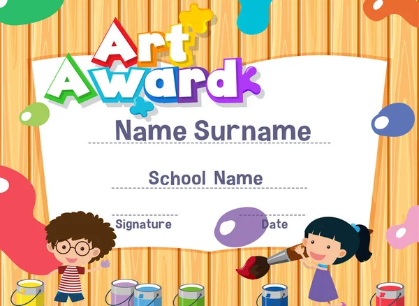 Templat Sertifikat Untuk Penghargaan Seni Dengan Lukisan Anak Dalam Ilustrasi - Stok Vektor
