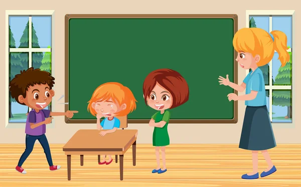 教室のイラストで彼らの友人をいじめ子供とシーン — ストックベクタ