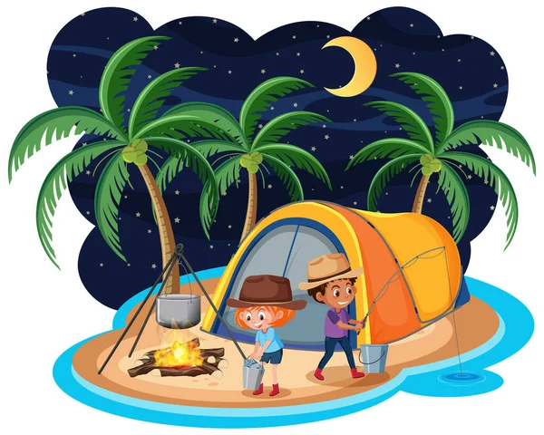 Cena Com Duas Crianças Acampando Ilha Noite Ilustração —  Vetores de Stock