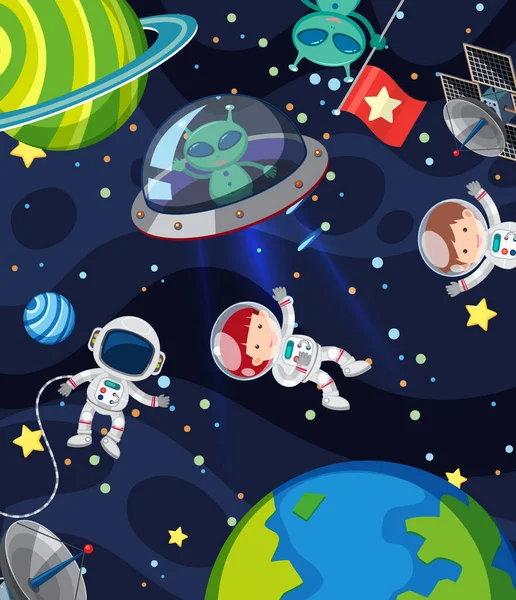 Cena Fundo Com Muitos Alienígenas Astronautas Ilustração Espacial — Vetor de Stock