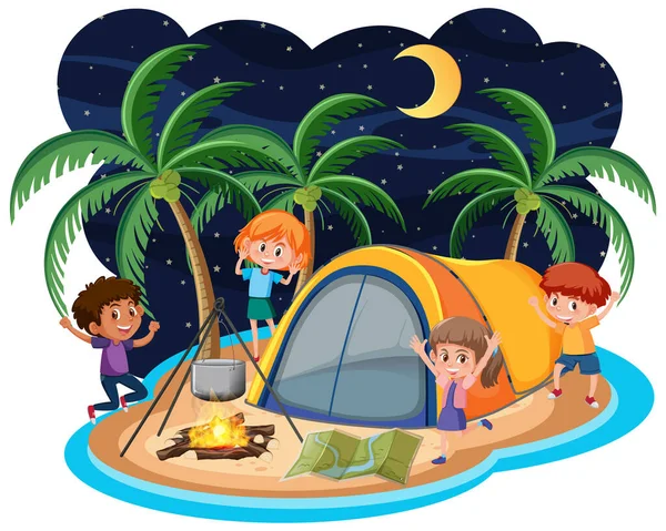 Scène Avec Nombreux Enfants Campant Sur Île Nuit Illustration — Image vectorielle