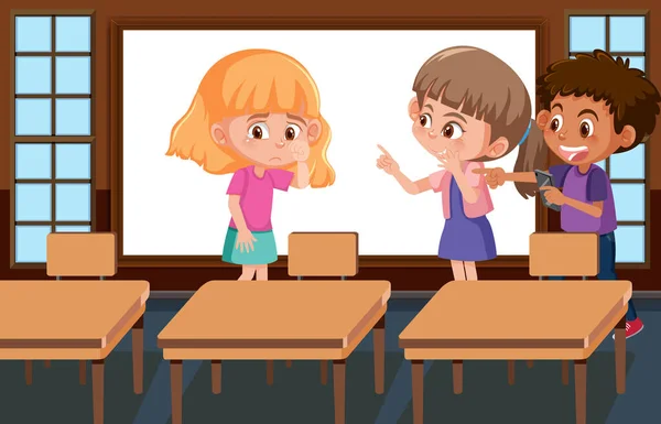 教室のイラストで彼らの友人をいじめ子供とシーン — ストックベクタ