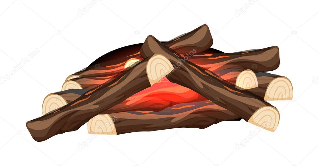 Pile of firewoods with little flame on white background illustration