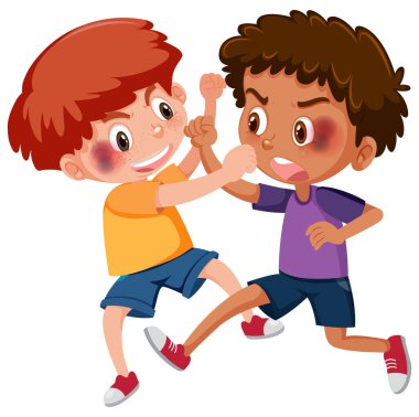 Beyaz arka planda kavga eden iki küçük çocuk.