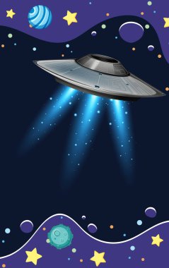 Uzay arkaplanında uçan UFO ile çerçeve şablonu