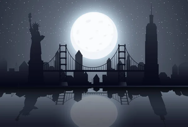 Silhuett Scen Med New York Natten Illustration — Stock vektor