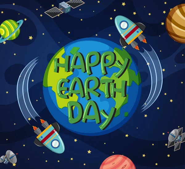 Plakatentwurf Für Happy Earth Day Mit Raumschiff Das Die Erde — Stockvektor