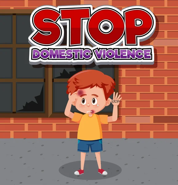 Stop Domestic Violence Font Design Sad Boy Standing Alone Illustration — Stock Vector