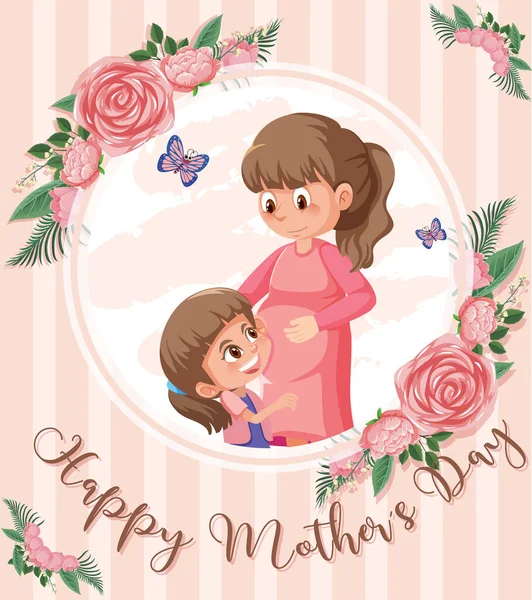Sjabloon Ontwerp Voor Gelukkige Moederdag Met Moeder Dochter Illustratie — Stockvector