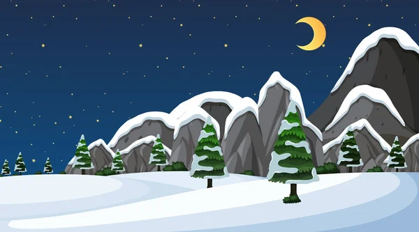 Szene Mit Schnee Auf Dem Feld Der Nacht Illustration — Stockvektor