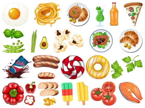 Nagy Készlet Élelmiszer Desszertek Fehér Háttér Illusztráció — Stock Vector