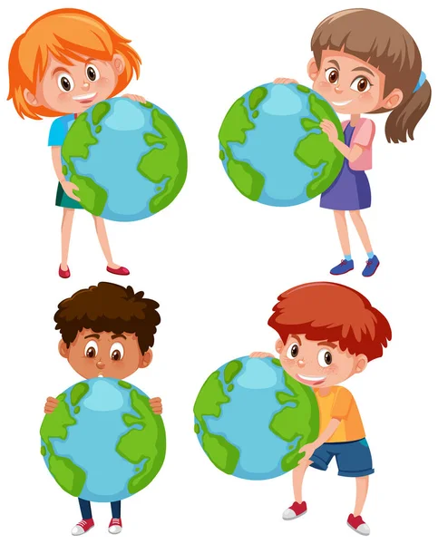 Niños Niñas Sosteniendo Tierra Sobre Fondo Blanco Ilustración — Vector de stock