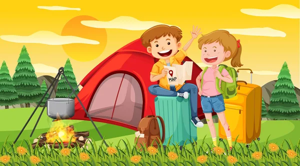 Scene Happy Tourist Camping Out Park Illustration — Stock Vector
