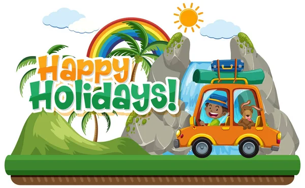 Poster Design Happy Holidays Man Dog Car Illustration — Stock Vector