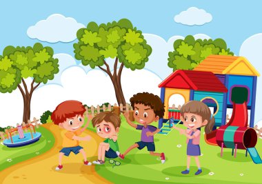 Park illüstrasyonunda arkadaşlarına zorbalık eden bir çocuk sahnesi