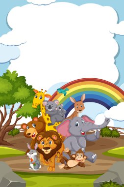 Arkaplanda birçok vahşi hayvanın yer aldığı sınır şablonu tasarımı