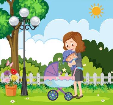 Parktaki resimde anne ve küçük bebeğin olduğu sahne
