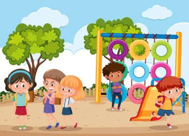 Park illüstrasyonunda arkadaşlarına zorbalık eden bir çocuk sahnesi