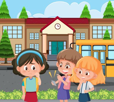 Okul illüstrasyonundaki arkadaşlarına zorbalık eden bir çocuk sahnesi