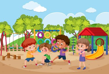 Park illüstrasyonunda arkadaşlarına zorbalık eden bir çocuk sahnesi