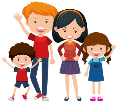 Beyaz arkaplanda aileleri ve çocukları olan mutlu bir aile.
