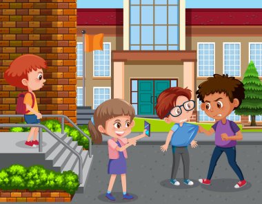 Okul illüstrasyonundaki arkadaşlarına zorbalık eden bir çocuk sahnesi