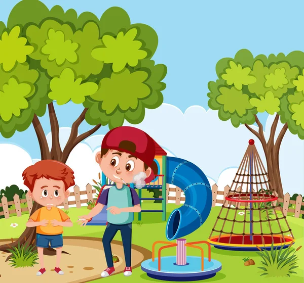 Escena Con Niño Acosando Amigo Ilustración Del Parque — Vector de stock