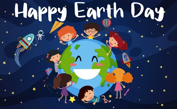 Happy Earth Day Plakatgestaltung Mit Glücklichen Kindern Weltraum Illustration — Stockvektor