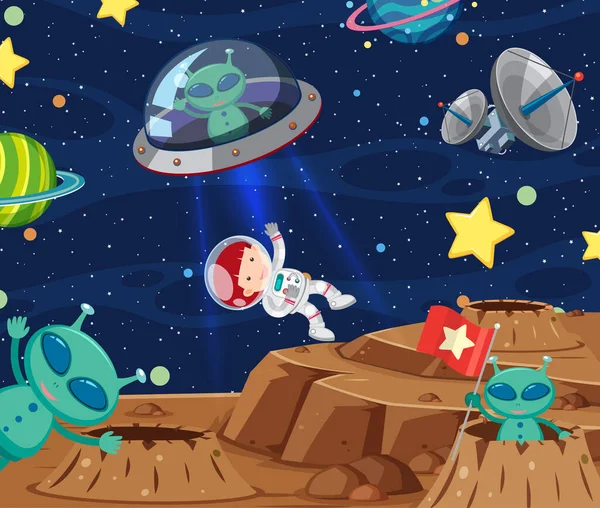 Escena Fondo Con Astronautas Extraterrestres Ilustración Espacial — Vector de stock