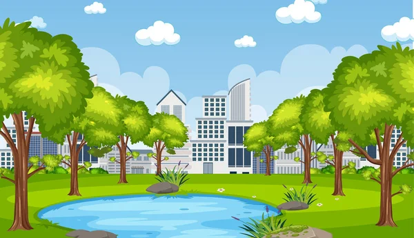 Hintergrundszene Mit Stadtbau Und Teich Park Illustration — Stockvektor