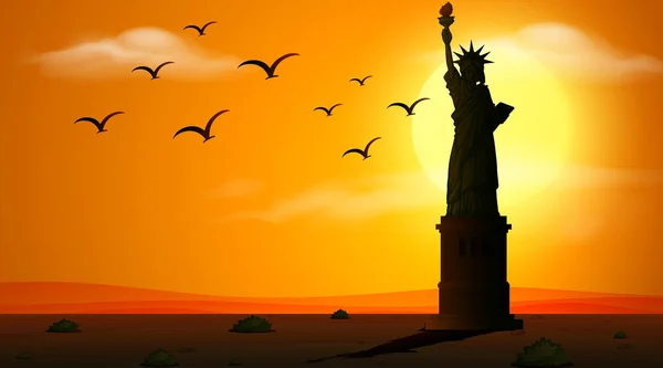 Scène Silhouette Avec Statue Liberté Coucher Soleil Illustration — Image vectorielle