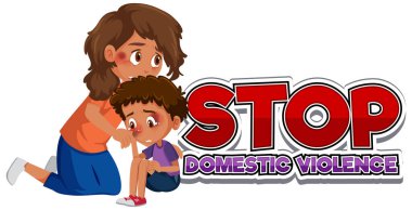Aile içi şiddet yazı tipi tasarımını üzgün anne ve çocuk resimleriyle durdurun
