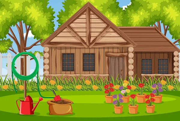 Scène Fond Avec Maison Bois Dans Les Bois Illustration — Image vectorielle
