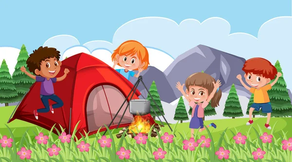 Scène Avec Des Enfants Heureux Campant Dans Parc Illustration — Image vectorielle