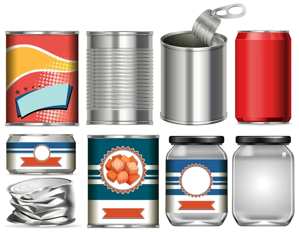 Conjunto Latas Alumínio Com Design Etiquetas Fundo Branco Ilustração —  Vetores de Stock