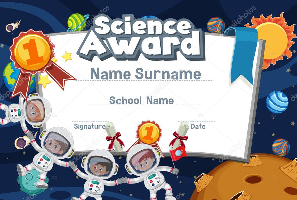 Certificate template design for science award with astonauts flying in space background illustration