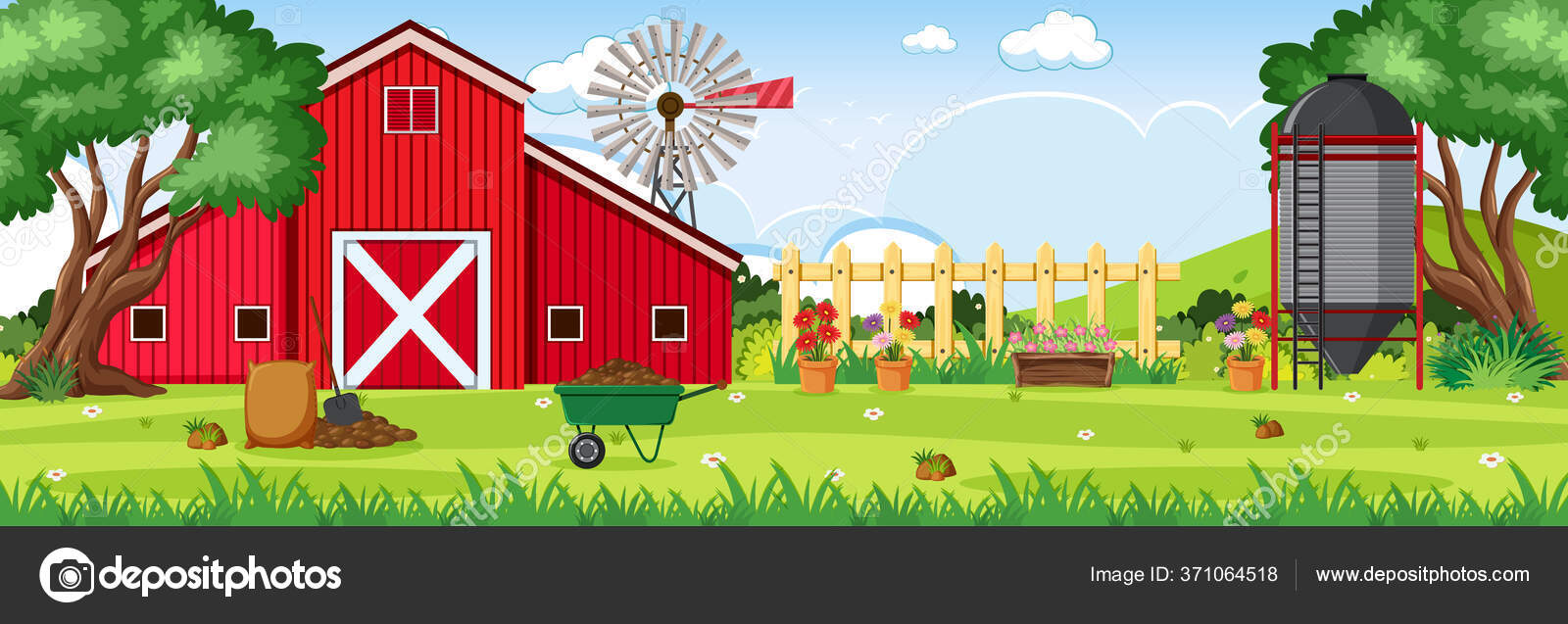 Background Scene Red Barn Silo Farm Illustration Stock Vector Image by