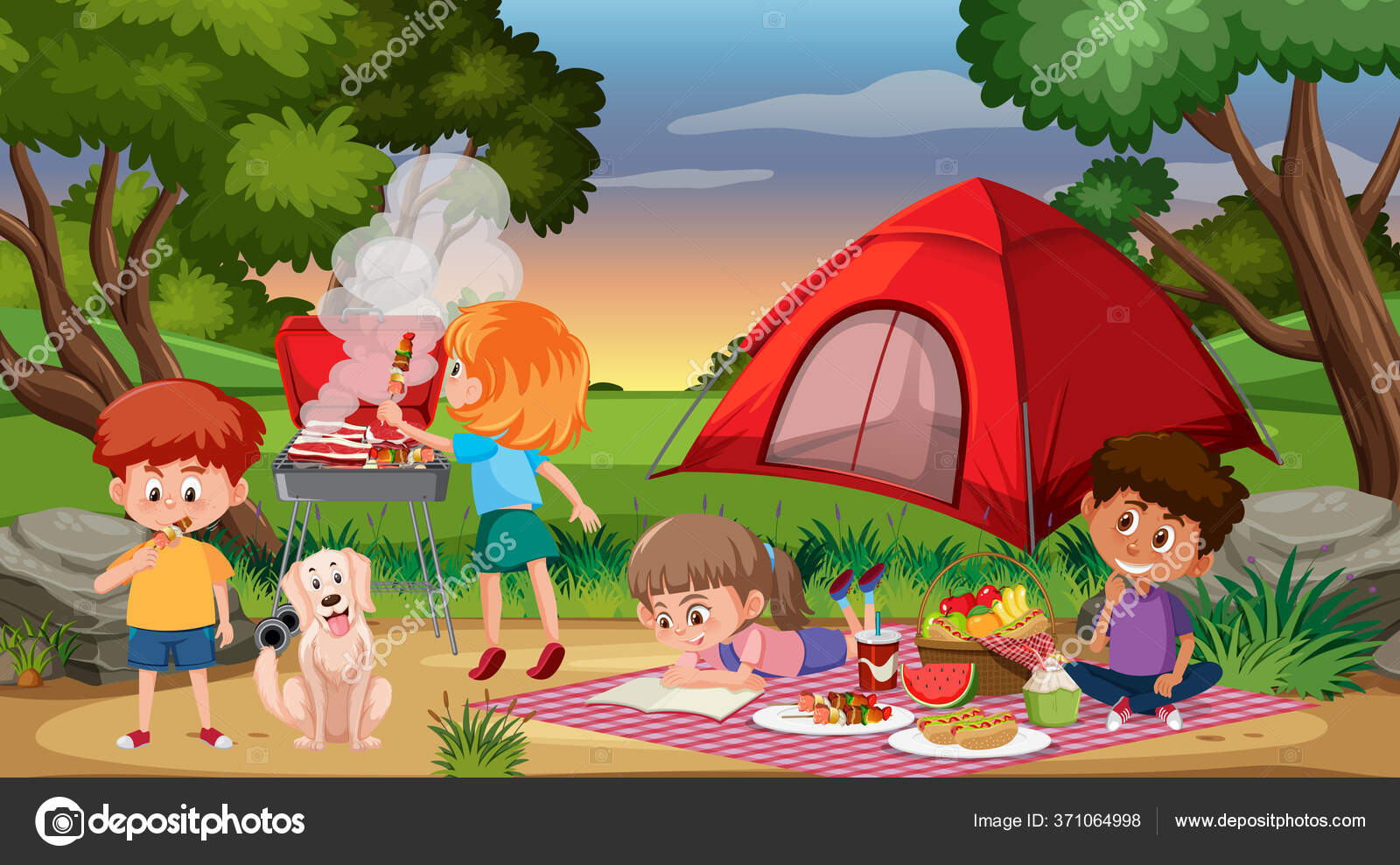 Scene Happy Children Camping Having Picnic Park Illustration Stock Vector  Image by ©brgfx #371064998
