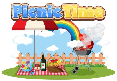 Park illüstrasyonunda yemek ve piknik zamanı için yazı tipi tasarımı