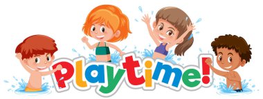Resim çizen mutlu çocuklarla kelime oyunu zamanı için yazı tipi tasarımı