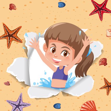 Mutlu kız ve deniz yıldızı çizimleriyle arka plan şablonu tasarımı