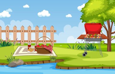 Park illüstrasyonunda barbekü yapılan arkaplan sahnesi
