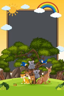 Arkaplanda birçok vahşi hayvanın yer aldığı sınır şablonu tasarımı
