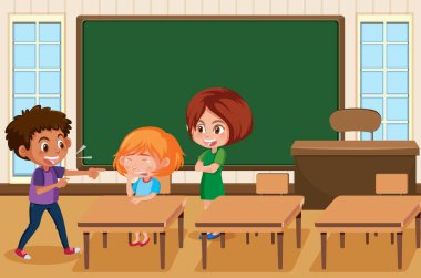 Okul illüstrasyonundaki arkadaşlarına zorbalık eden bir çocuk sahnesi
