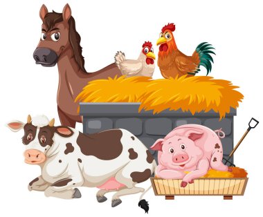 Beyaz arkaplandaki birçok çiftlik hayvanı
